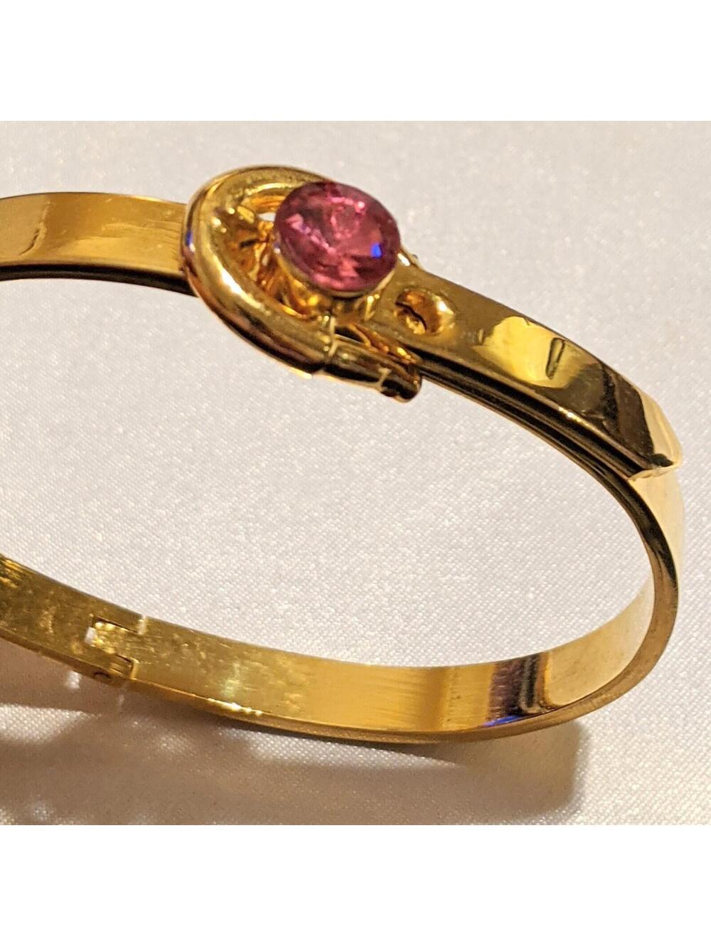 VTG 80s Hinged Bangle Bracelet Pink Crystal Buckle Adjustable Gold Tone Metal
